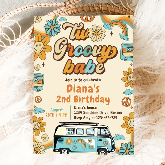 2つのGroovy Babeレトロレインボー2nd誕生日パーティー 招待状