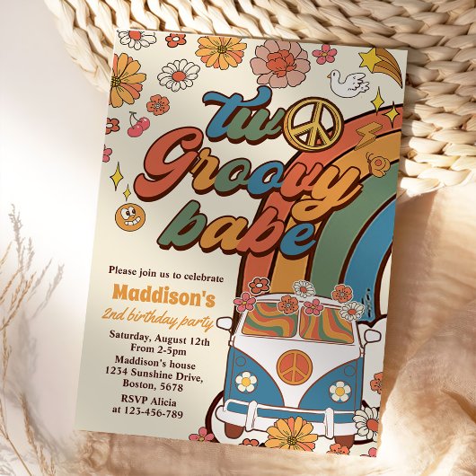 2つのGroovy Babeレトロレインボー2nd誕生日パーティー 招待状
