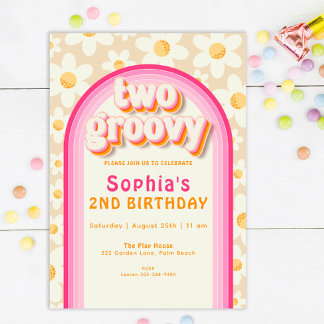 2つのGroovy Bohoデイジーレインボー2nd誕生日インビタット 招待状