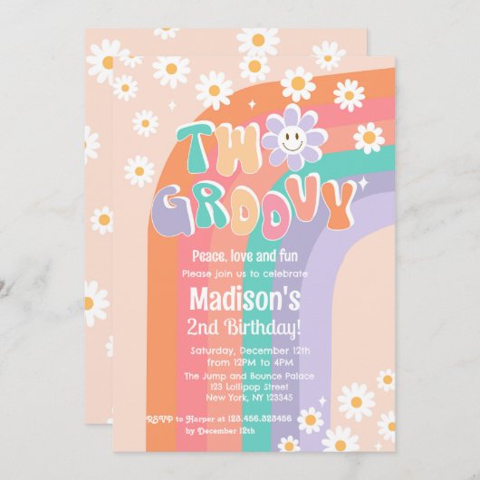 2つのGroovy Bohoデイジー2nd誕生日招待状 招待状 (正面/裏面)