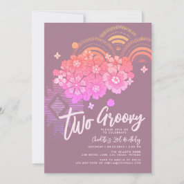 2つのGroovy Bohoフローラレトロ2nd誕生日パーティー 招待状