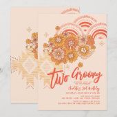 2つのGroovy BohoフローラGroovy 2nd誕生日パーティー 招待状 (正面/裏面)