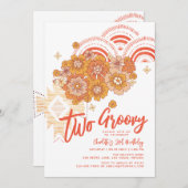 2つのGroovy BohoフローラGroovy 2nd誕生日パーティー 招待状 (正面/裏面)