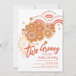 2つのGroovy BohoフローラGroovy 2nd誕生日パーティー 招待状
