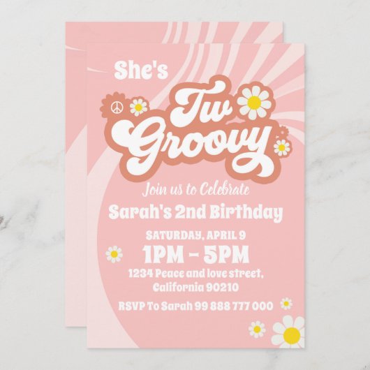 2つのGroovy Bohoレトロデイジー2nd誕生日パーティー 招待状 (正面/裏面)