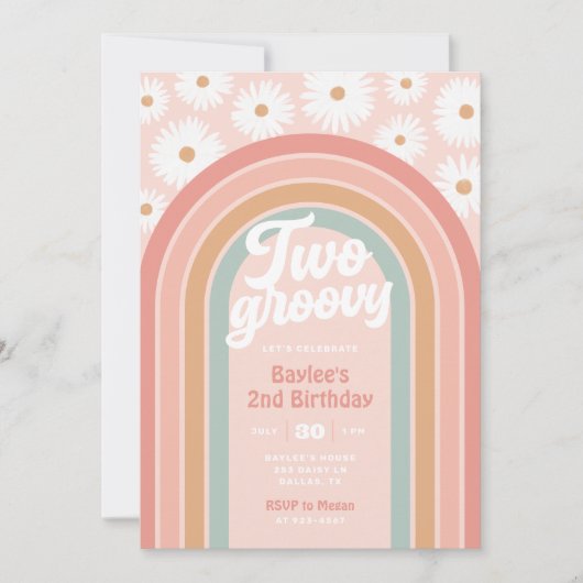 2つのGroovy Bohoレトロデイジー2nd誕生日パーティー 招待状 (正面)