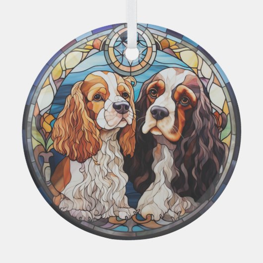 2つのPartiカラースパニエル犬の染色 ガラスオーナメント (正面)