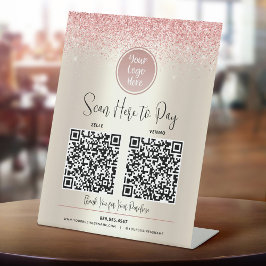 2つのQRコード カスタムロゴ ピンクグリッター Pay Here ゴールド 台座サイン