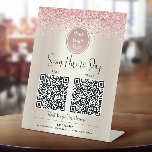 2つのQRコード カスタムロゴ ピンクグリッター Pay Here ゴールド 台座サイン