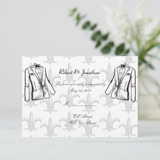 2つのTuxedo新郎ゲイ結婚の応答カード 出欠カード (スタンド正面)