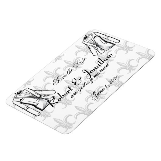 2つのTuxedo新郎ゲイ結婚式の日付を保存 マグネット (左側)