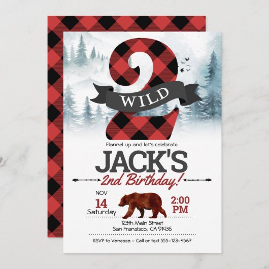2つのWild Invitation、Lumberjack 2nd Birthday 招待状 (正面/裏面)