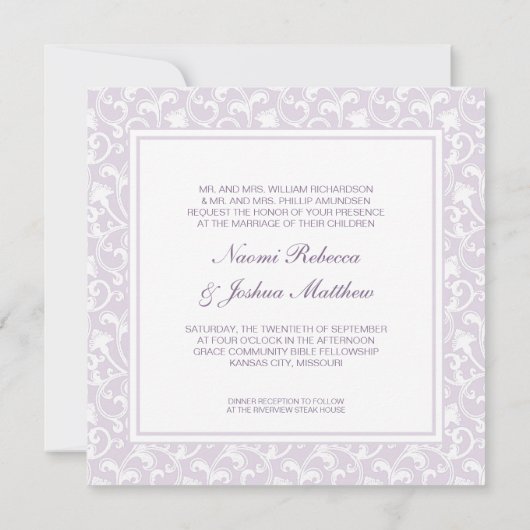 2つは1キリスト教の結婚式のラベンダーになります 招待状 (裏面)