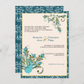 2つを結婚している孔雀はダマスク織に羽をつけます 招待状 (正面/裏面)