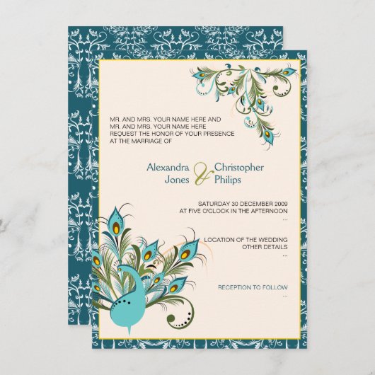 2つを結婚している孔雀はダマスク織に羽をつけます 招待状 (正面/裏面)