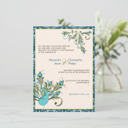 2つを結婚している孔雀はダマスク織に羽をつけます 招待状 (スタンド正面)