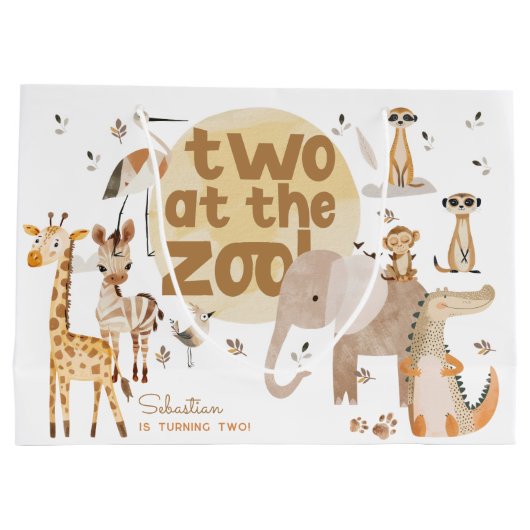 2つ動物園サファリ第2動物子供の誕生日 ラージペーパーバッグ (裏面)
