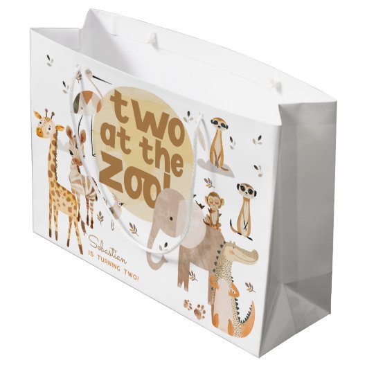 2つ動物園サファリ第2動物子供の誕生日 ラージペーパーバッグ (裏面アングル)