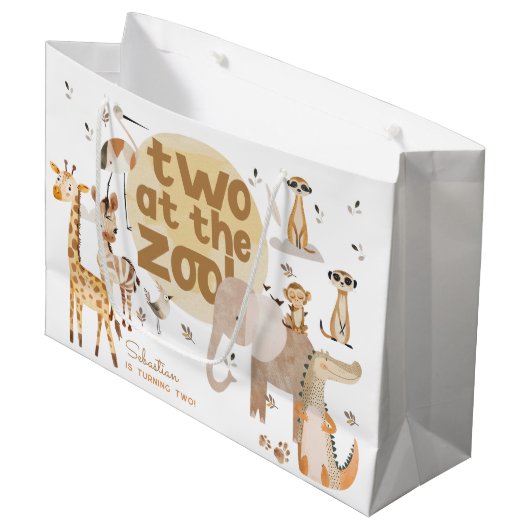 2つ動物園サファリ第2動物子供の誕生日 ラージペーパーバッグ (正面アングル)