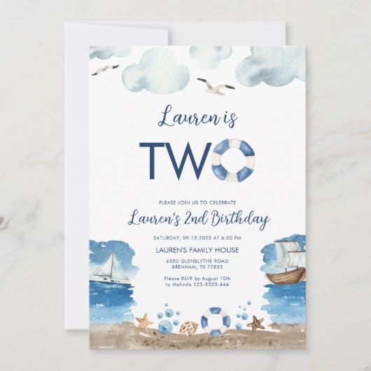 2つ航海のの2番目の2番目の誕生日招待状 招待状 (正面)