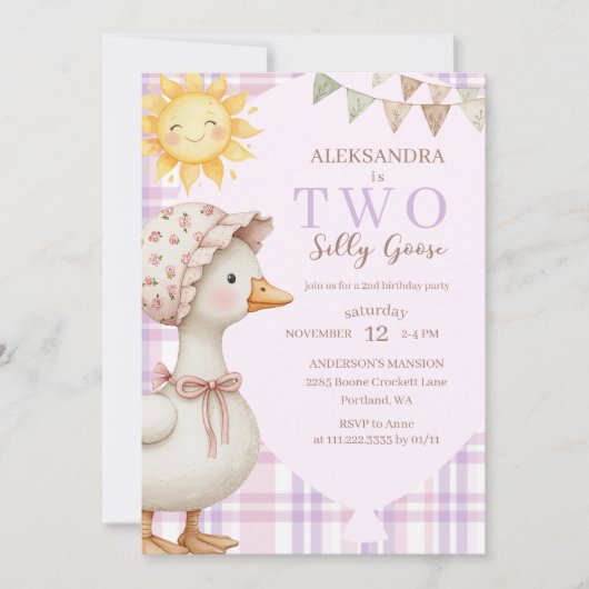 2つ間抜けのグースガール2nd誕生日パーティー水彩 招待状 (正面)