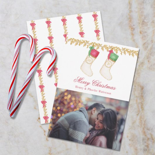 2の家族 – 水彩モノグラムストッキング写真 シーズンカード