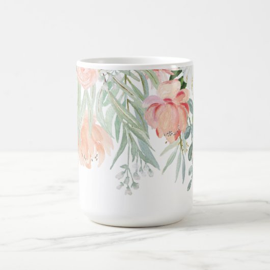 #2はモモのセージグリーンの水彩画の花柄を青ざめさせます コーヒーマグカップ (中央)