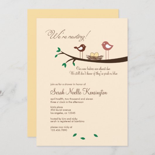 2イエローエッグツインズベビーシャワー招待状 招待状 (正面/裏面)