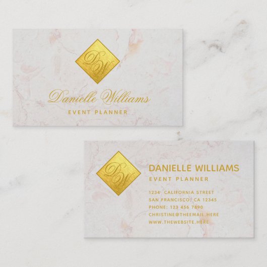 2イニシャルモノグラムフェイクゴールドフォイルホワイトマーブル 名刺 (正面/裏面)