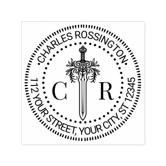 2イニシャルモノグラムフローラ剣#4名住所 セルフインキングスタンプ (デザイン)