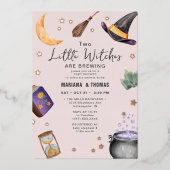 2ウィッチズブルーイングツインガールズハロウィーンベビーシャワー 箔招待状 (正面)