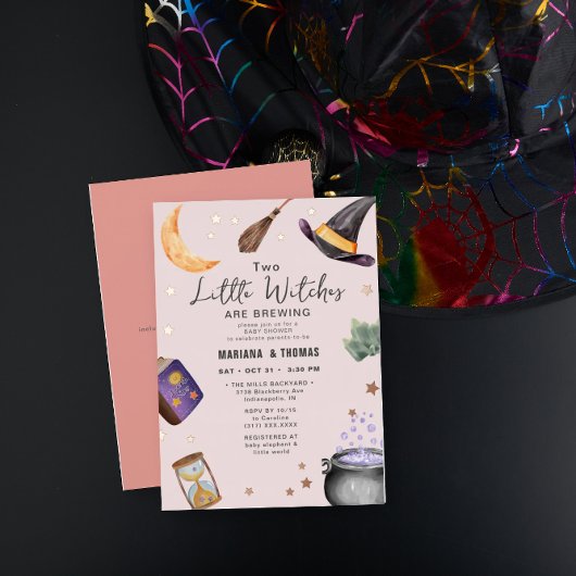 2ウィッチズブルーイングツインガールズハロウィーンベビーシャワー 箔招待状