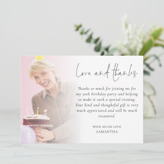 2エレガントフォトオーバーレイ誕生日パーティーありがとう カード (スタンド正面)