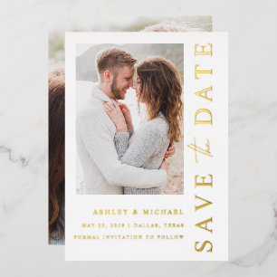 2エレガントモダン写真結婚式の日付金ゴールドを保存 箔招待状