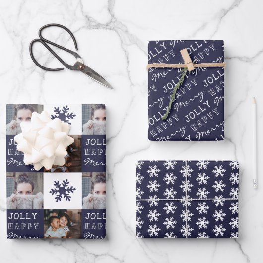 2カスタム枚の写真スノーフレークメリークすてきリスマス ラッピングペーパーシート (正面)
