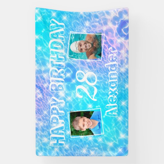 2カスタム枚の写真プール誕生日パーティー水さざ波 横断幕 (縦)