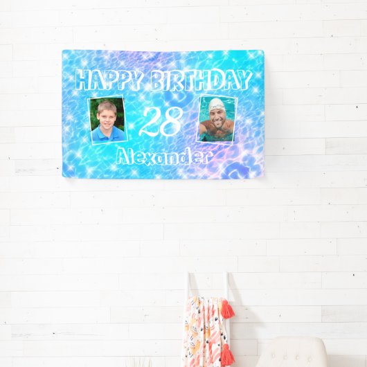 2カスタム枚の写真プール誕生日パーティー水さざ波 横断幕 (インサイチュ)