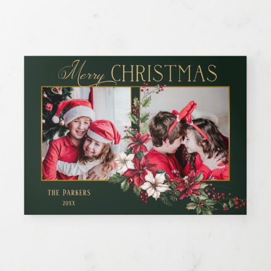 2カラフル写真メリークリスマスポインセチア 三つ折りクリスマスカード (カバー)