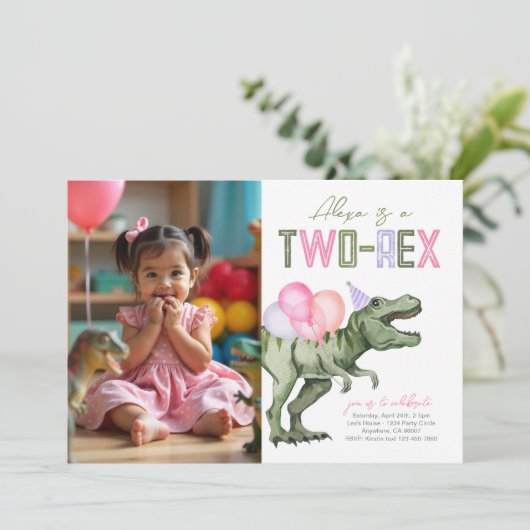 2ガーリーレックス恐竜誕生日招待状 招待状 (スタンド正面)