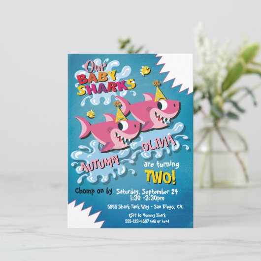 2ガールサメベビー誕生日パーティーの招待 招待状 (スタンド正面)