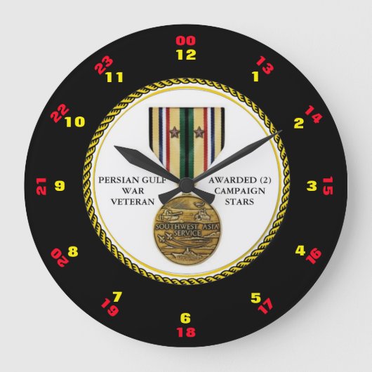 2キャンペーンスターペルシャ湾戦争退役軍人 ラージ壁時計 (正面)
