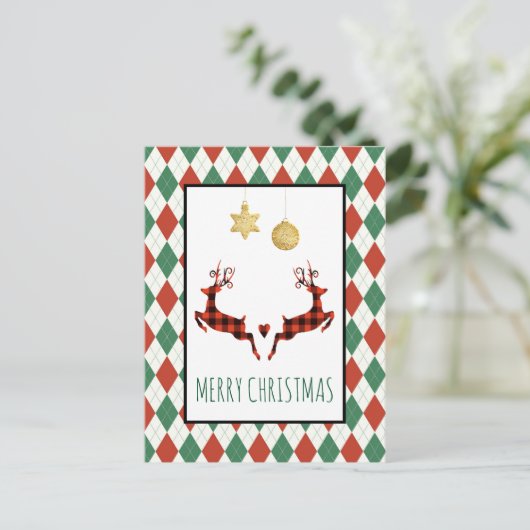 2クリスマスディアジャンピング素朴スタイルホリデー ポストカード (スタンド正面)