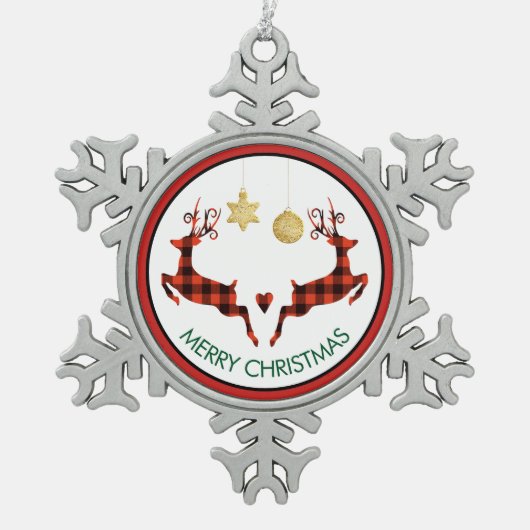 2クリスマスディアジャンプ素朴スタイル スノーフレークピューターオーナメント (正面)