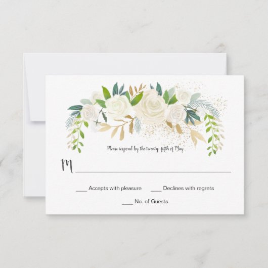 #2クリーム色の白いバラのグリッターの緑の草木RSVP | 出欠カード (正面)
