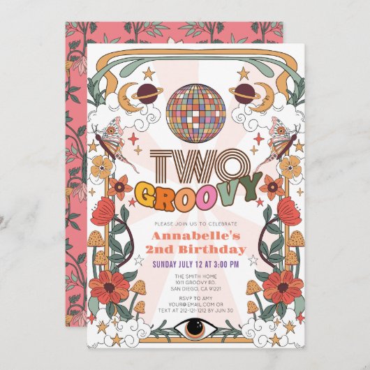2グルービーサイケデリックレトロガール2nd誕生日 招待状 (正面/裏面)
