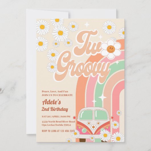 2グルービー2ndバースデーピンクデイジーレインボーバン 招待状 (正面)