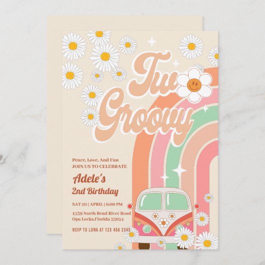 2グルービー2ndバースデーピンクデイジーレインボーバン 招待状 (正面/裏面)