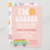 2グルーヴィーセカンド誕生日レトロフラワーピースバン 招待状 (正面/裏面)