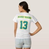 2サイドティール（緑がかった色）ゴールデンイエローホワイトウィメンズスポーツジャージー レディースフットボールジャージー (裏面フル)