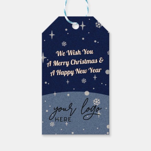 2サイドビジネスロゴとQRコードブルークリスマス ギフトタグ (正面)